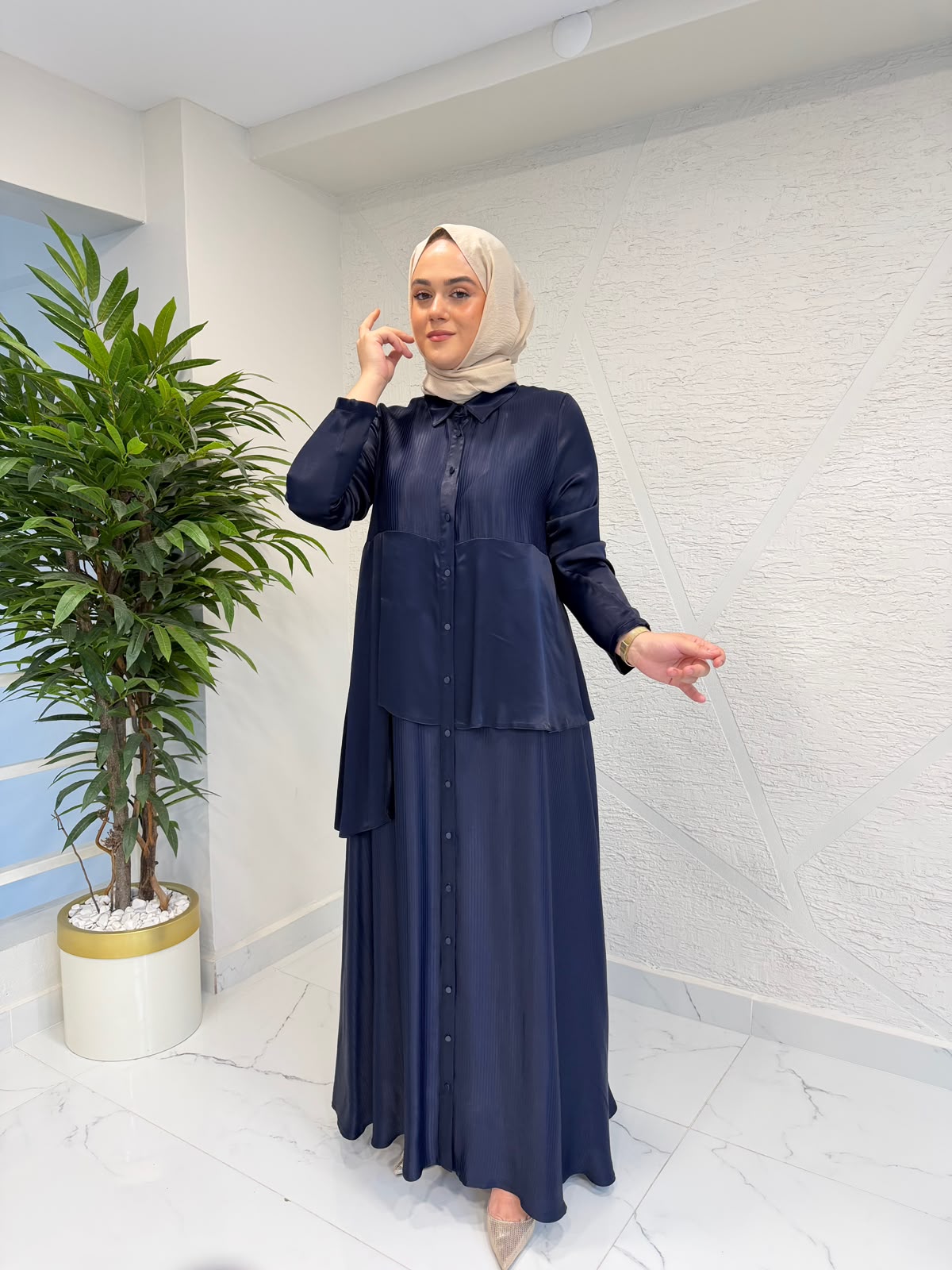 CEREMONY 26K726 ÖNDEN DÜĞME DETAYLI SATEN ELBİSE LACİVERT