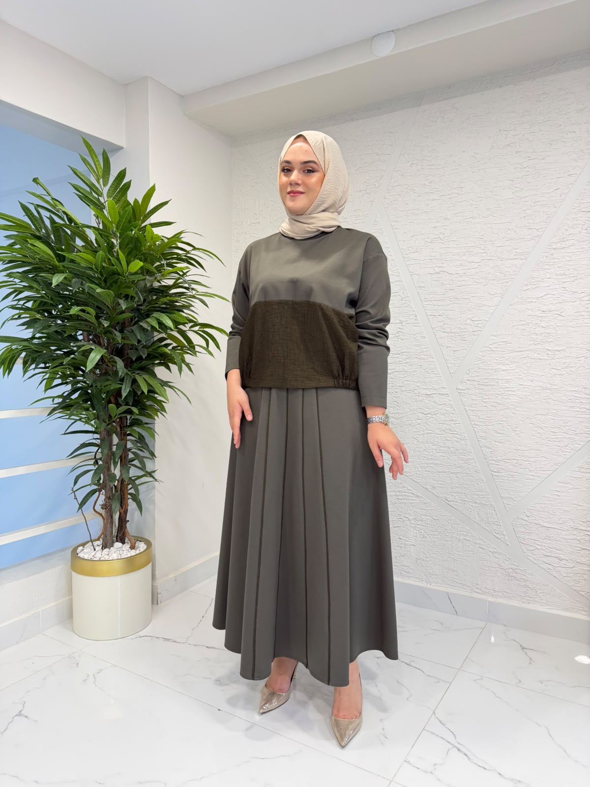 CEREMONY 26K937 GOFRE KUMAŞ GARNİLİ LUNA ETEKLİ TAKIM HAKİ