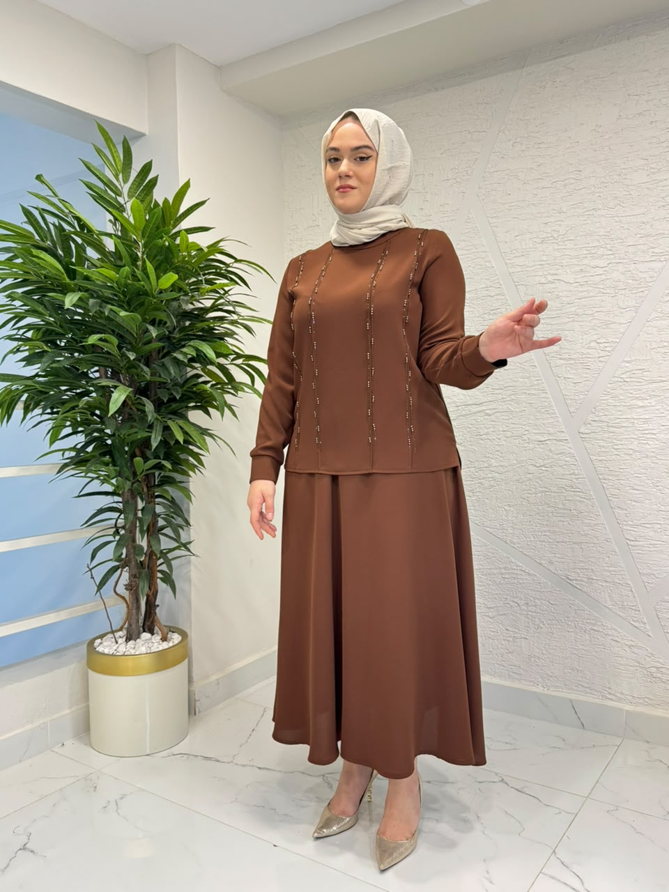 CLEMENCE 1383 NİL KREP ETEKLİ TAKIM KAHVERENGİ