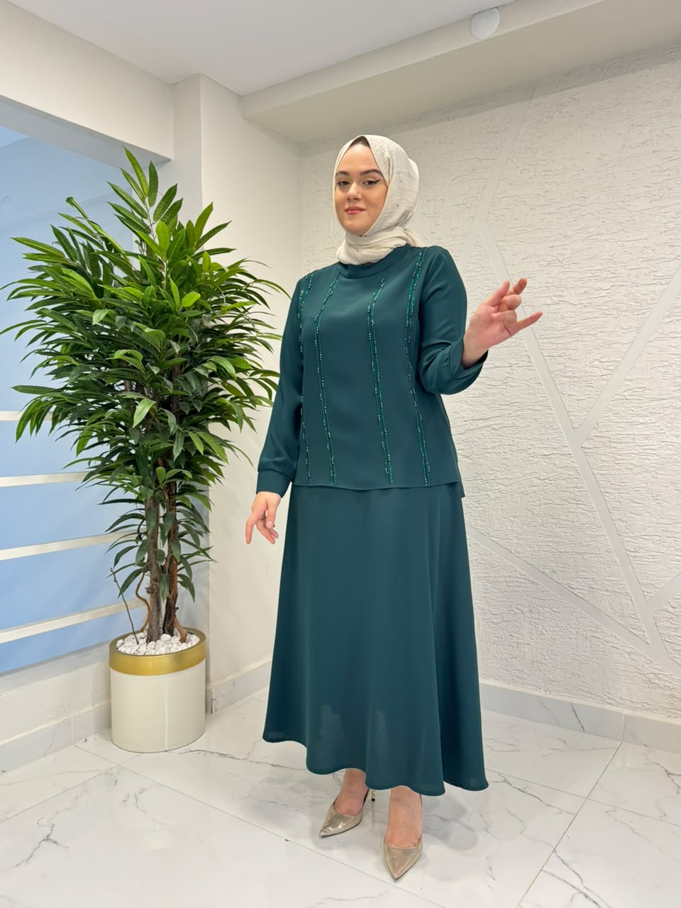 CLEMENCE 1383 NİL KREP ETEKLİ TAKIM YEŞİL