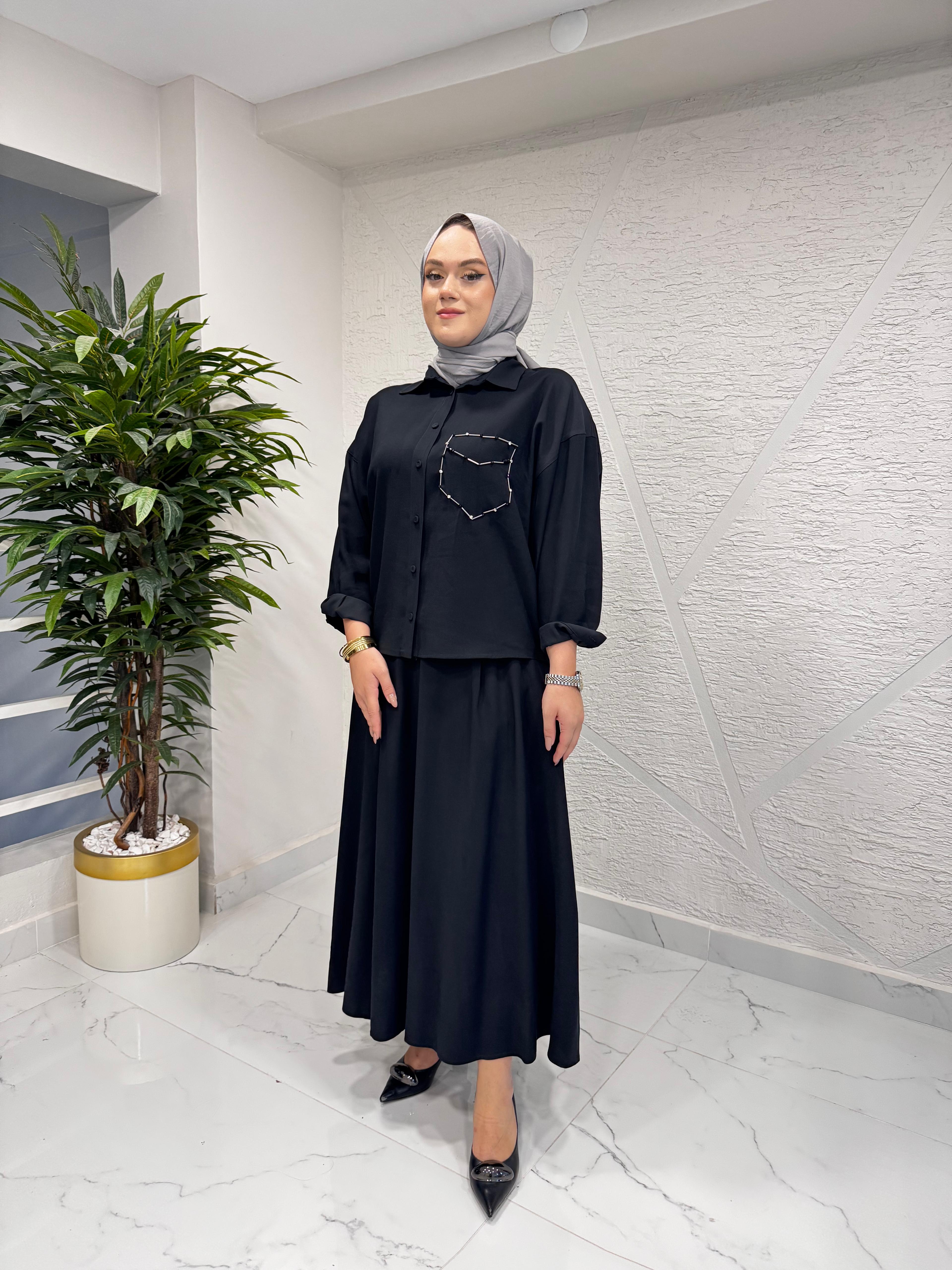 CEREMONY 6945 TUNİĞİ BONCUK İŞLEMELİ ETEKLİ TAKIM SİYAH
