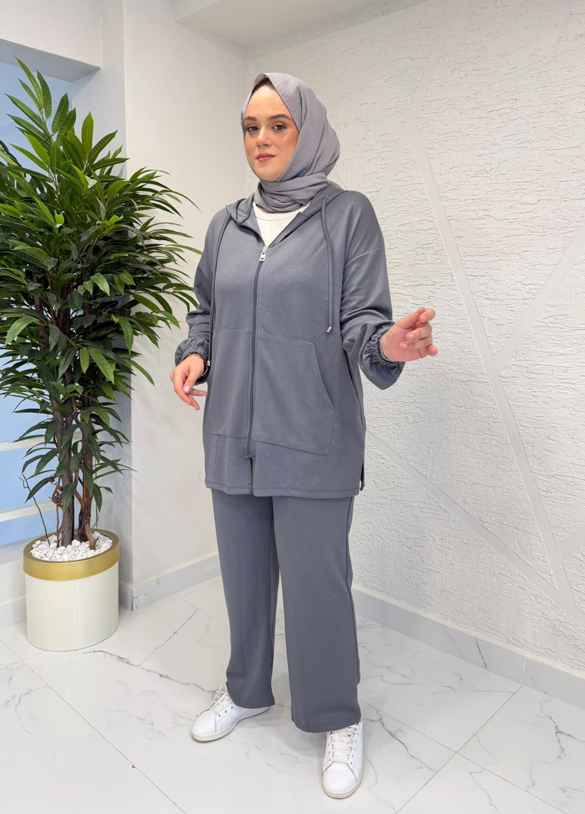 MİHRAN KAPÜŞONLU CEPLİ PANTOLON TAKIM GRİ