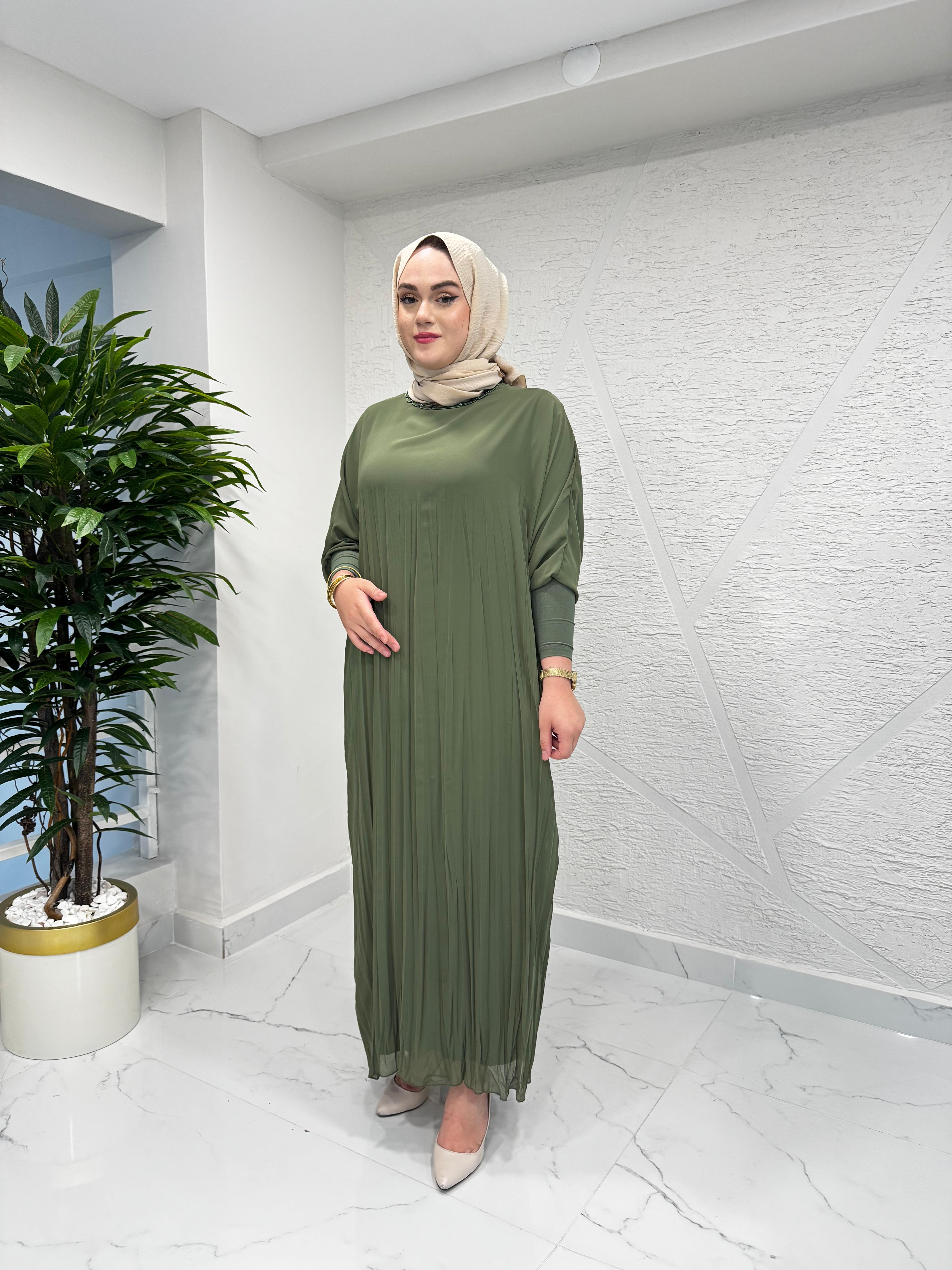 CEREMONY 5717 KOLU SANDY DETAYLI KRAŞLI ŞİFON ELBİSE HAKİ