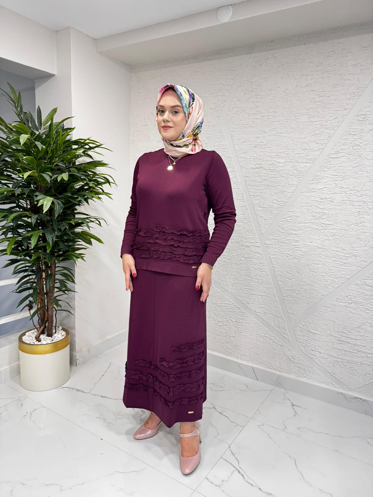 NİLİWİ 3080 FIRFIRLI ETEK BLUZ TRİKO TAKIM BORDO
