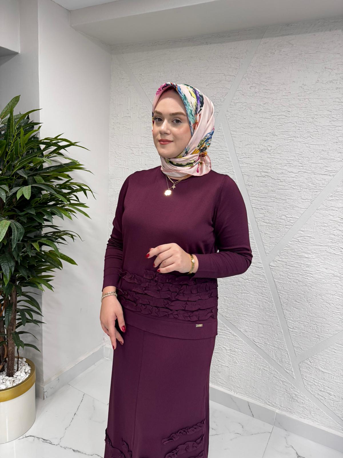 NİLİWİ 3080 FIRFIRLI ETEK BLUZ TRİKO TAKIM BORDO