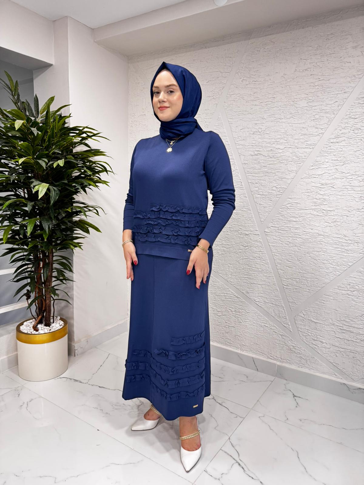 NİLİWİ 3080 FIRFIRLI ETEK BLUZ TRİKO TAKIM LACİVERT