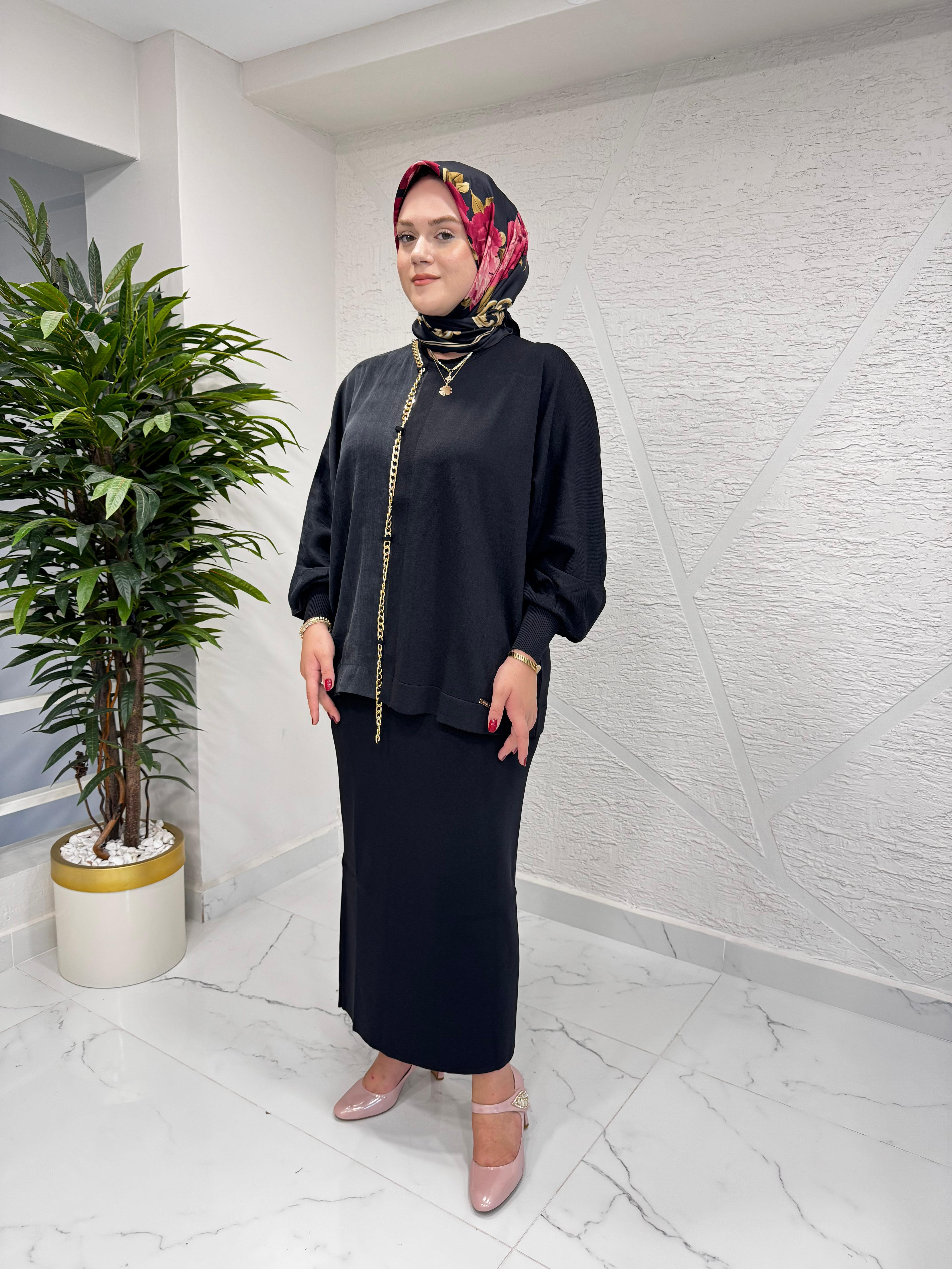 NİLİWİ 3100 YARISI KUMAŞ ZİNCİRLİ YARASAKOL TRİKO BLUZ SİYAH