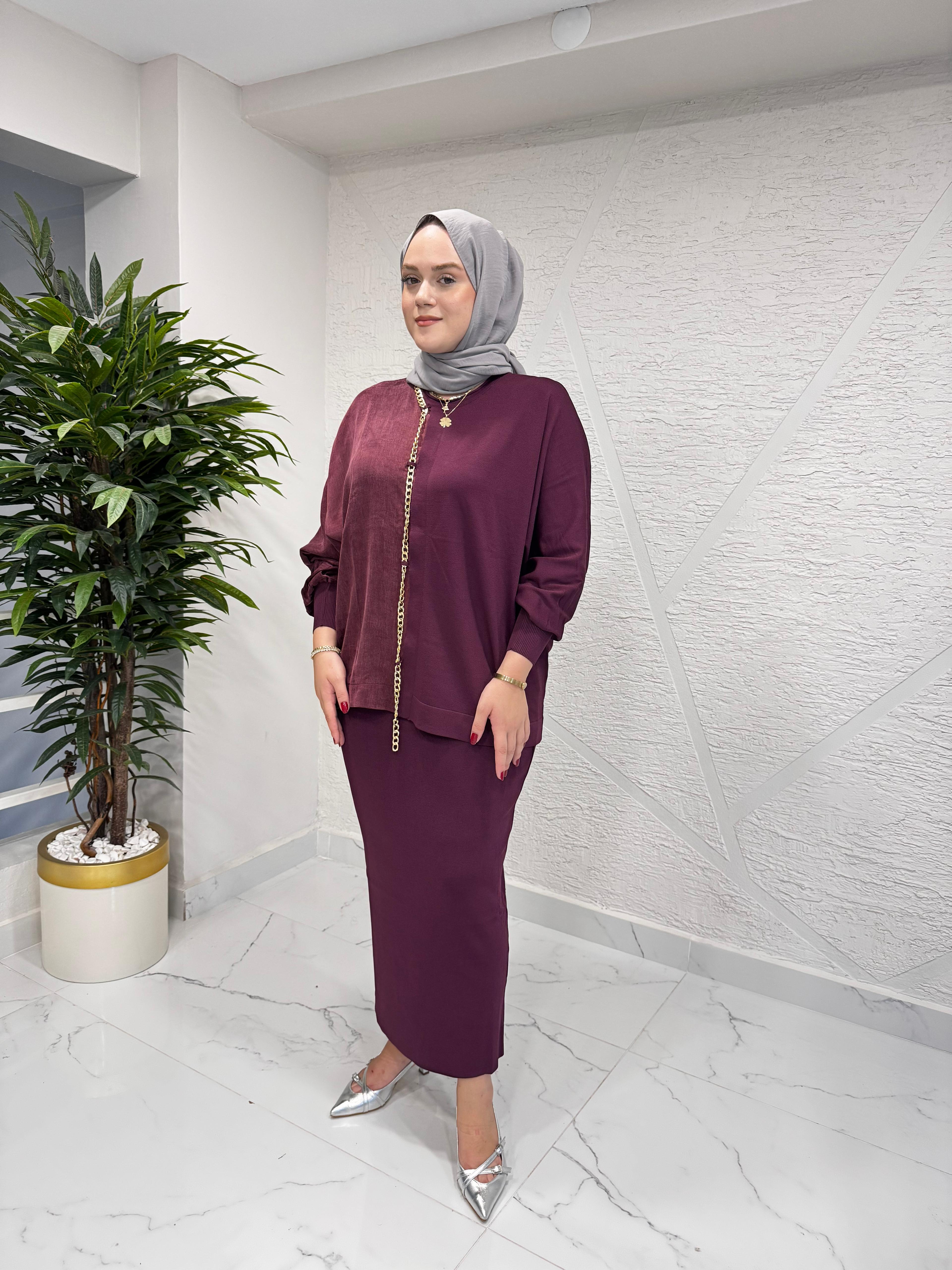 NİLİWİ 3100 YARISI KUMAŞ ZİNCİRLİ YARASAKOL TRİKO BLUZ BORDO