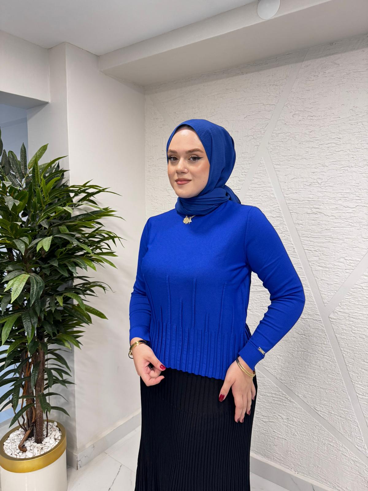 NİLİWİ 3076 KISA UZUN BEKLETMELİ TRİKO BLUZ SAKS MAVİ