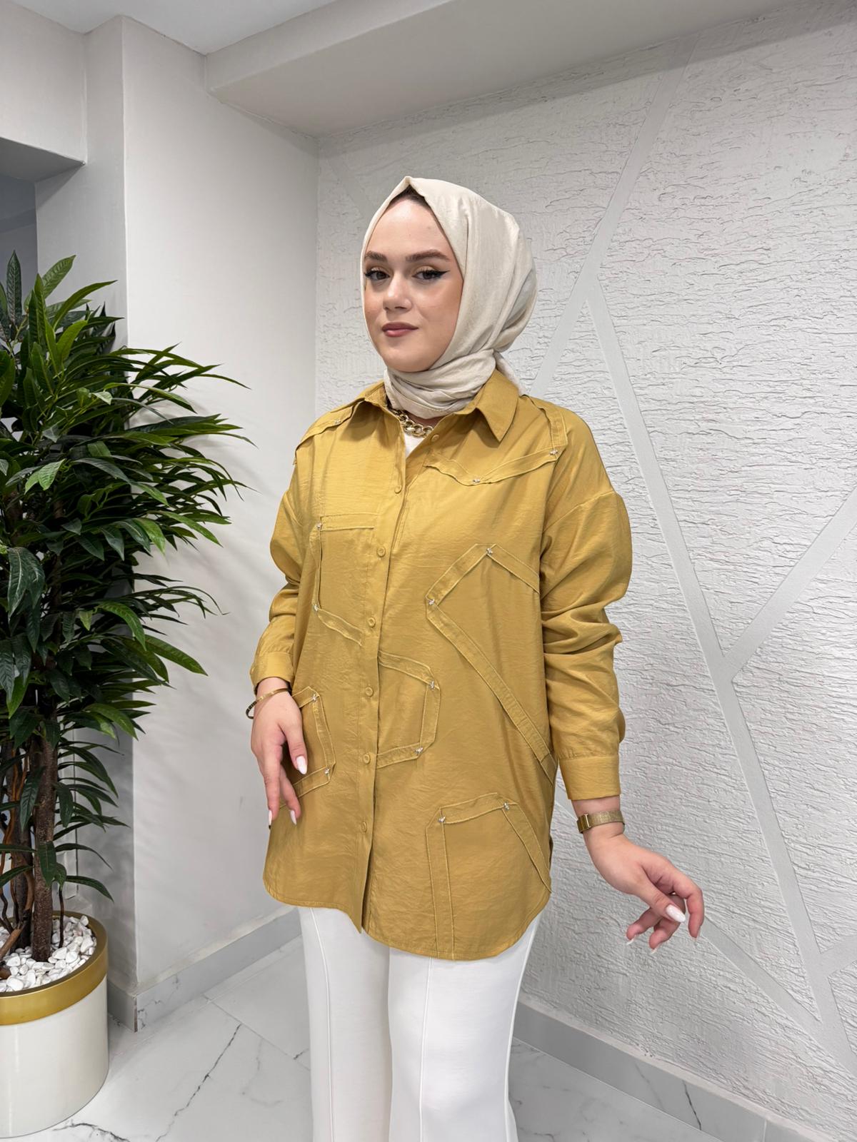 CEREMONY 6146 DÜĞMELİ UZUN KOLLU DEKORATİF DİKİŞLİ GÖMLEK HARDAL