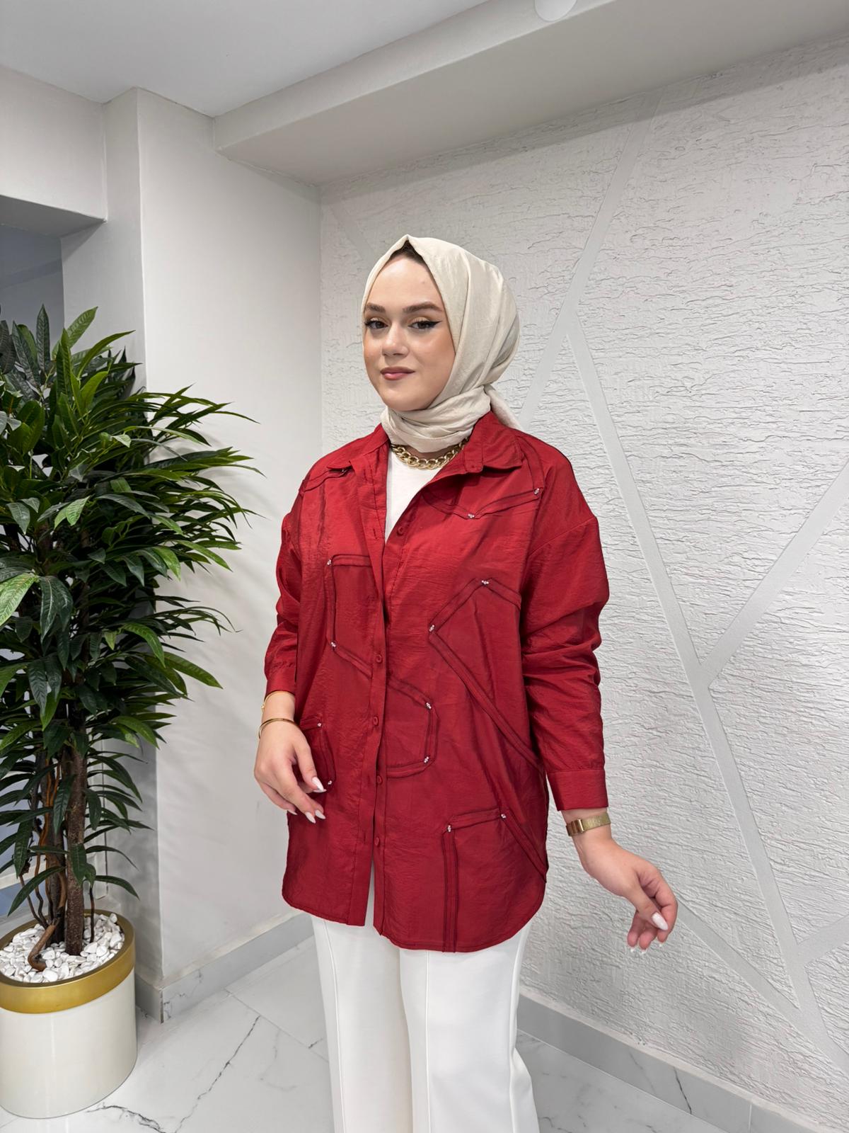 CEREMONY 6146 DÜĞMELİ UZUN KOLLU DEKORATİF DİKİŞLİ GÖMLEK KIRMIZI