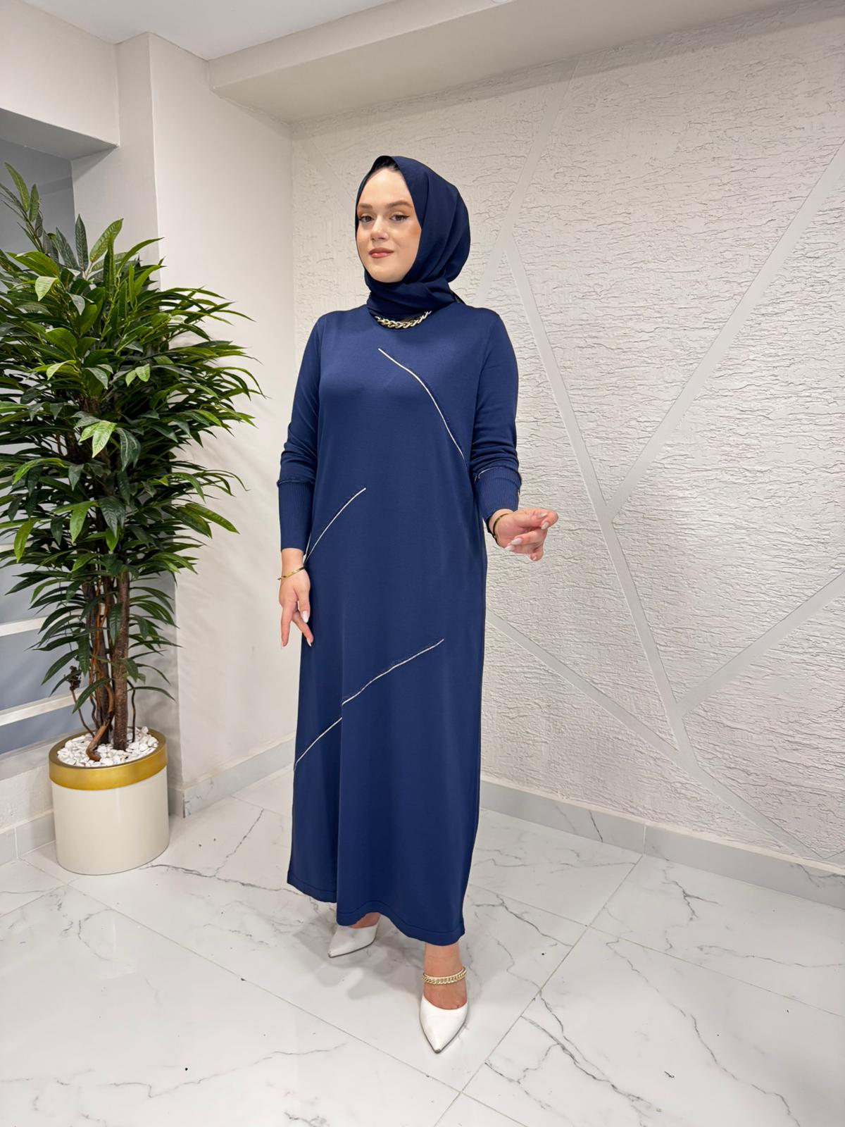 MİSSA SOĞUK İP YUMOŞ ELBİSE LACİVERT