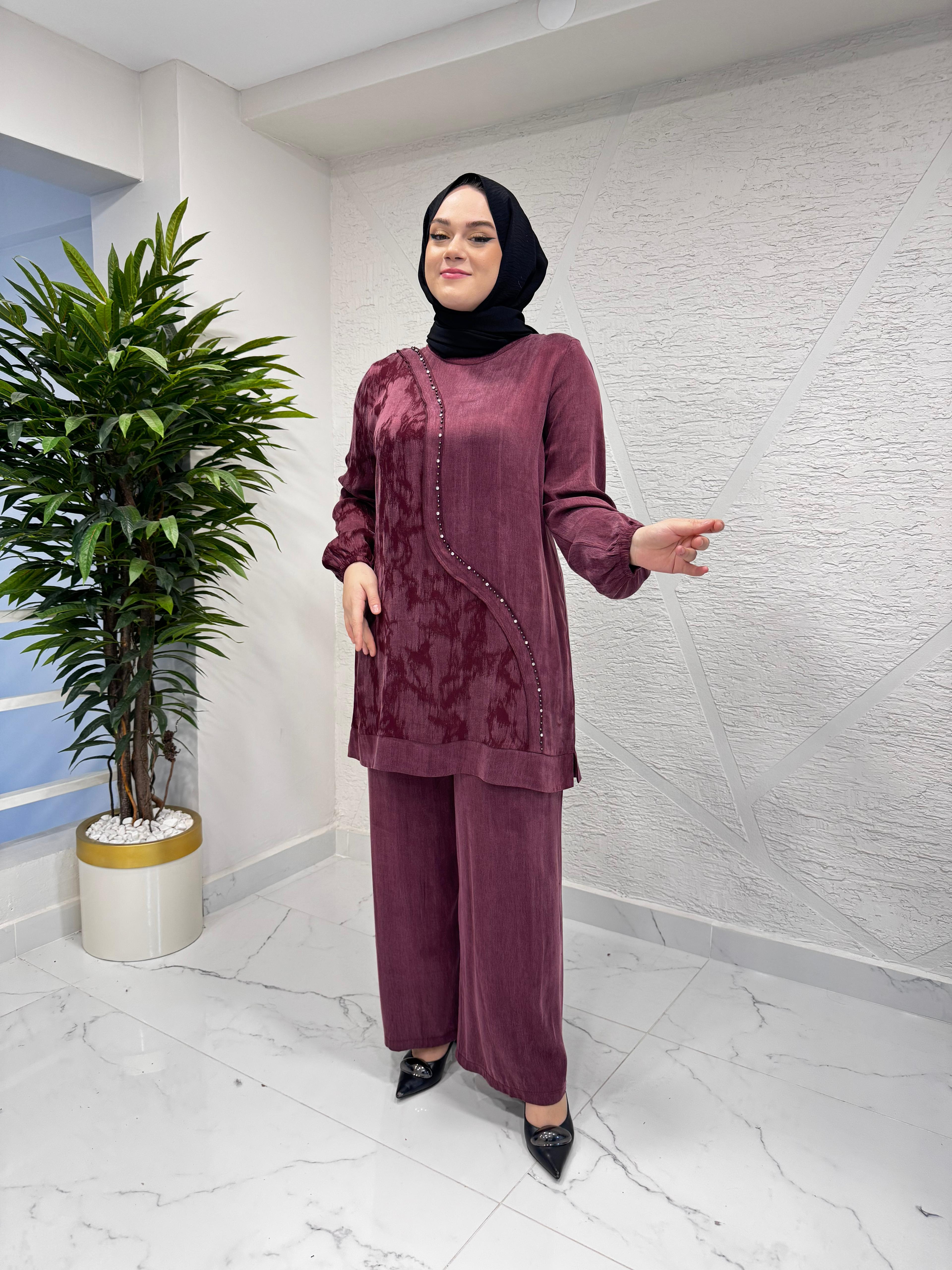 CLEMENCE 1411 İPEK PANTOLONLU TAKIM BORDO