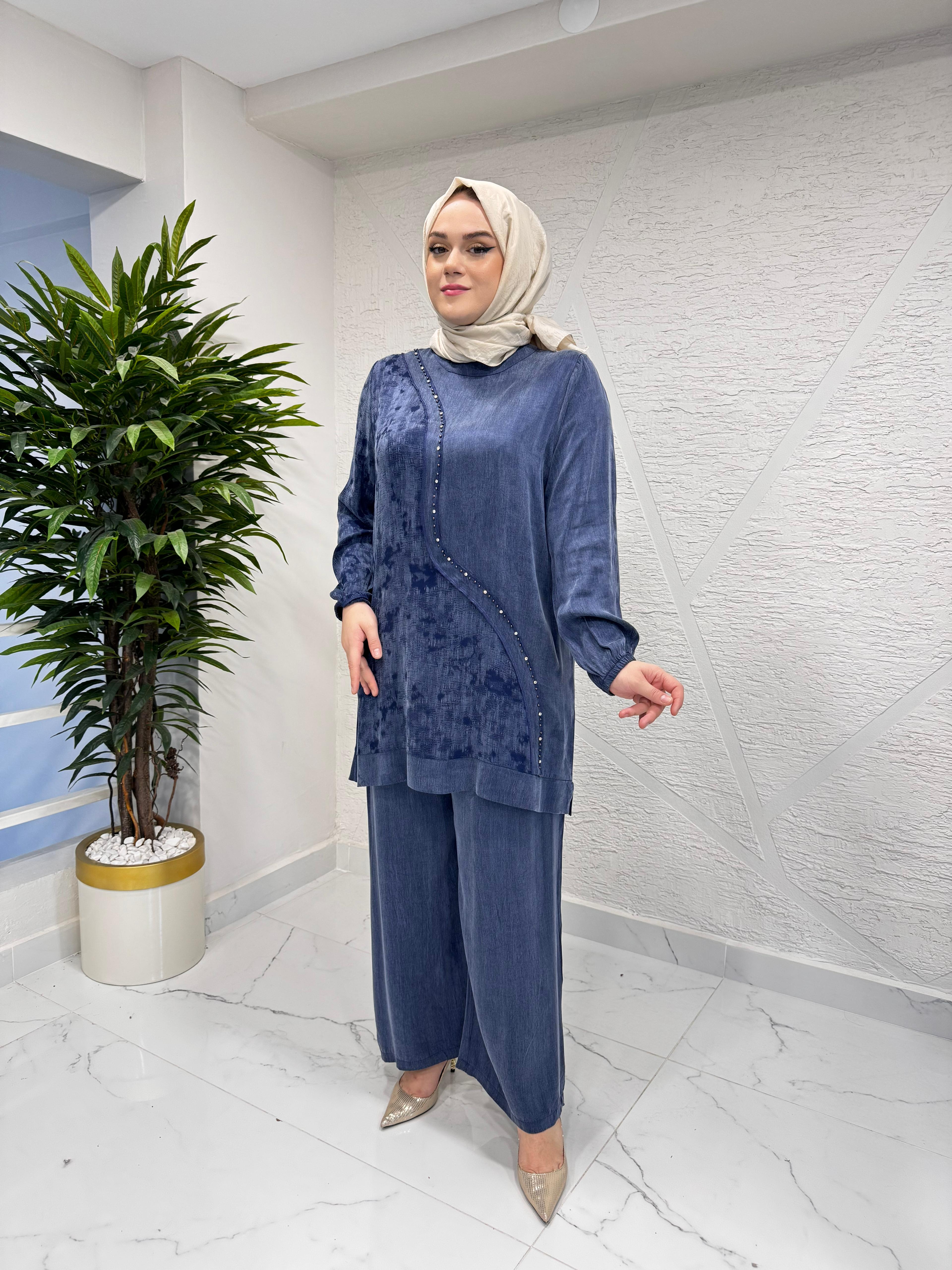 CLEMENCE 1411 İPEK PANTOLONLU TAKIM LACİVERT