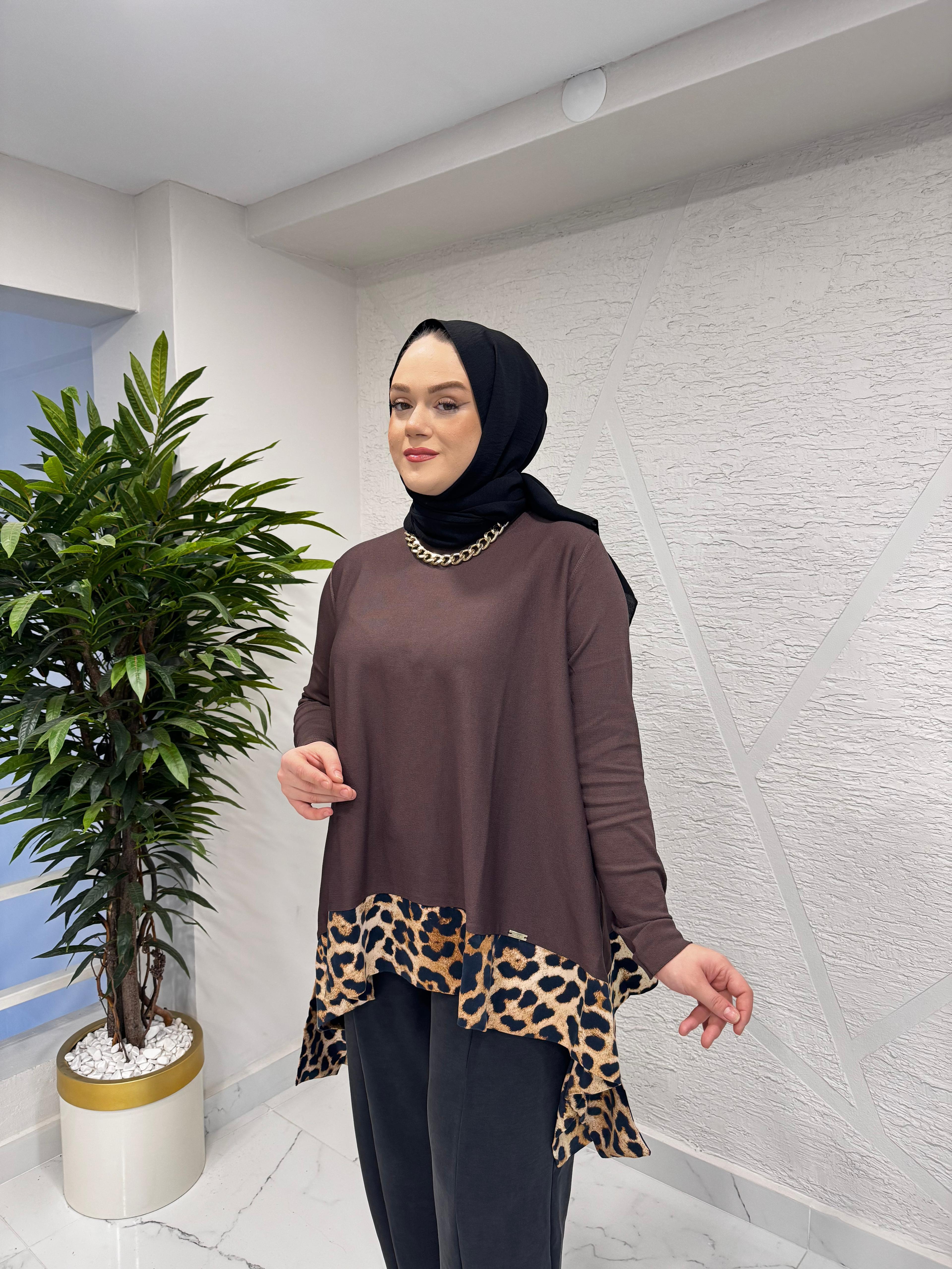 NİLİWİ 3108 ETEK UCU LEOPAR KUPRA SALAŞ TRİKO TUNİK KAHVERENGİ