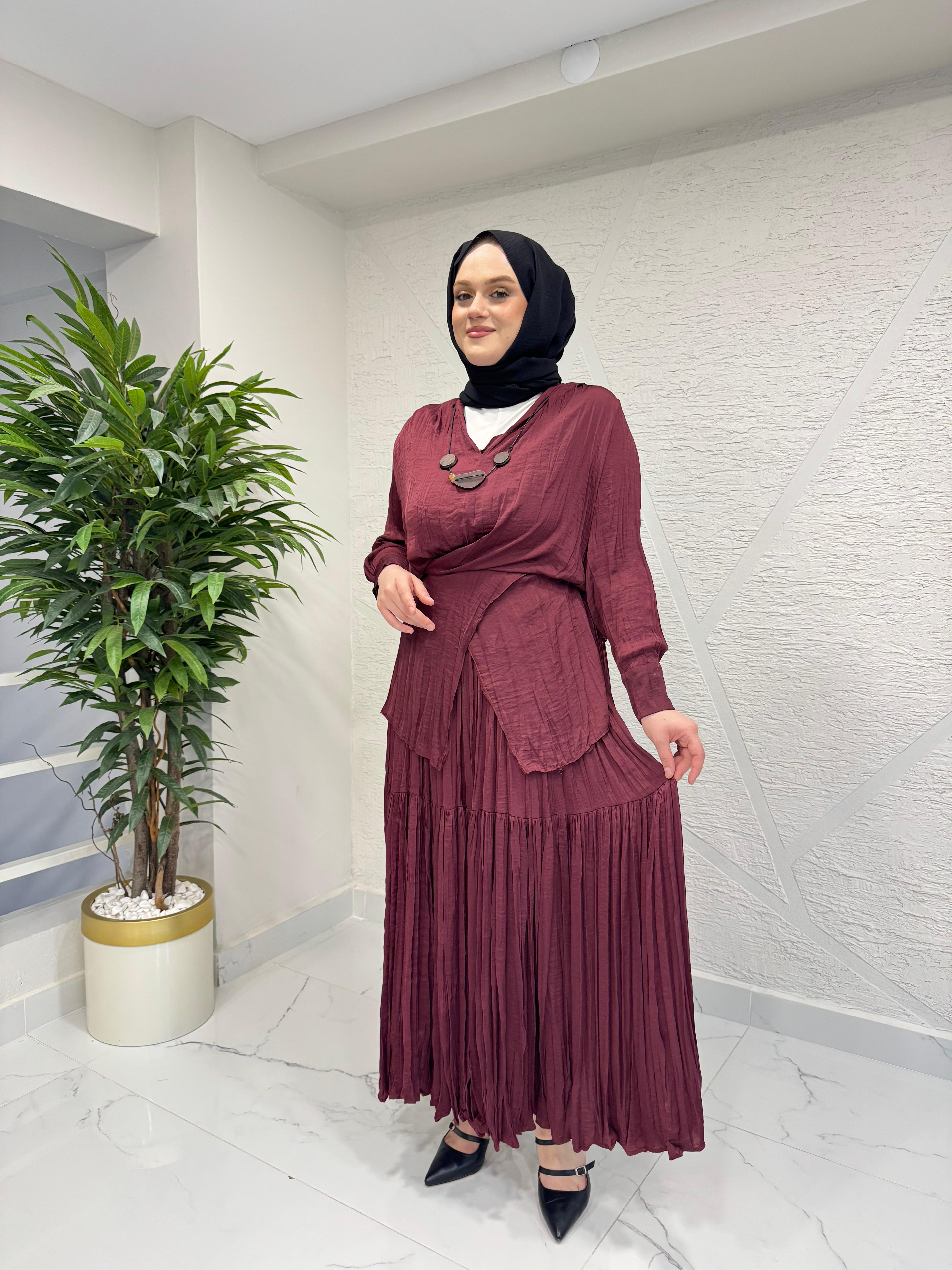 CEREMONY 26Y954 TUNİĞİ TAHTA AKSESUAR DETAYLI ETEKLİ CUPRA TAKIM BORDO