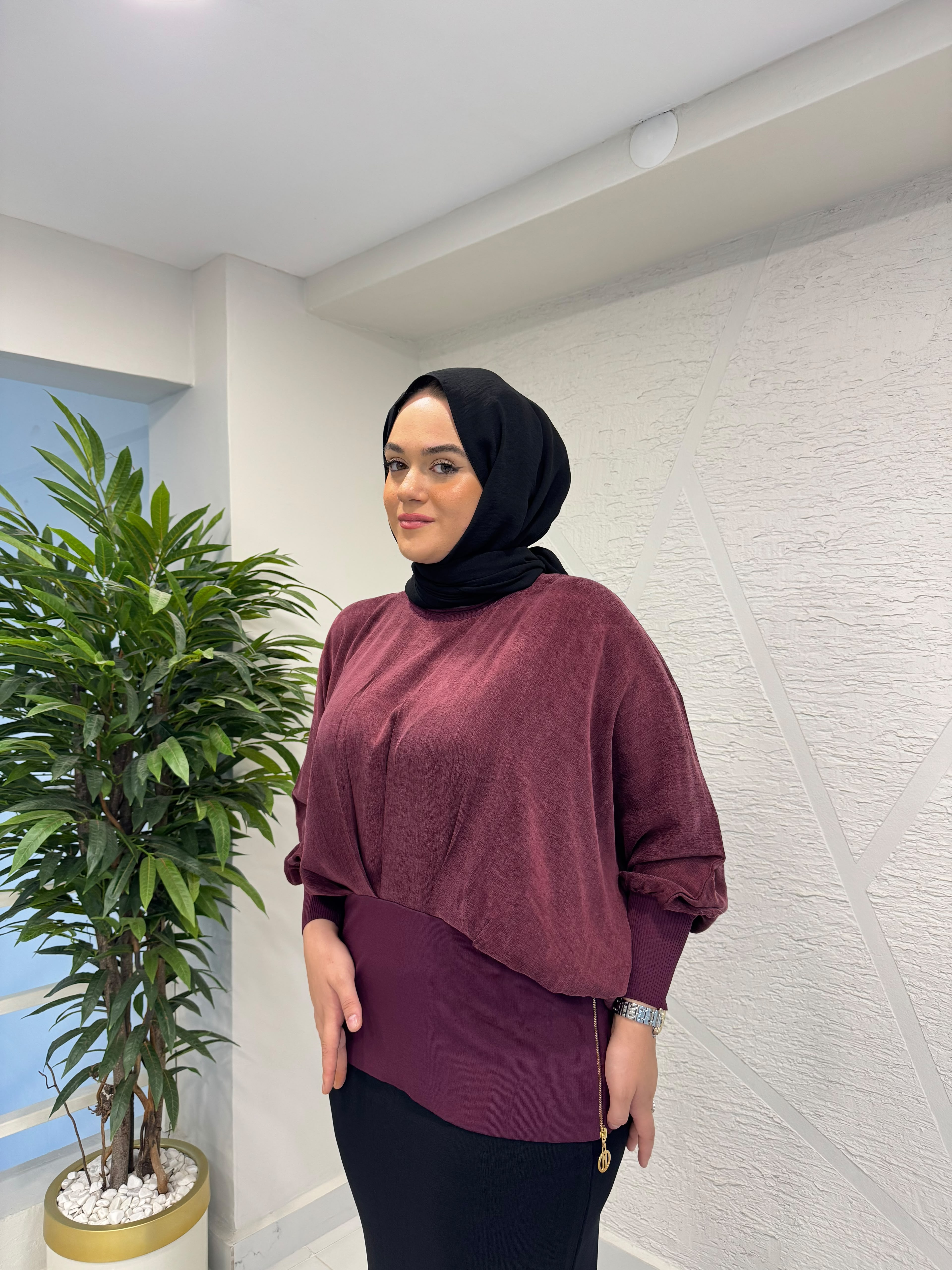NİLİWİ 3120 YANLARI FERMUARLI KUPRA BLUZ BORDO