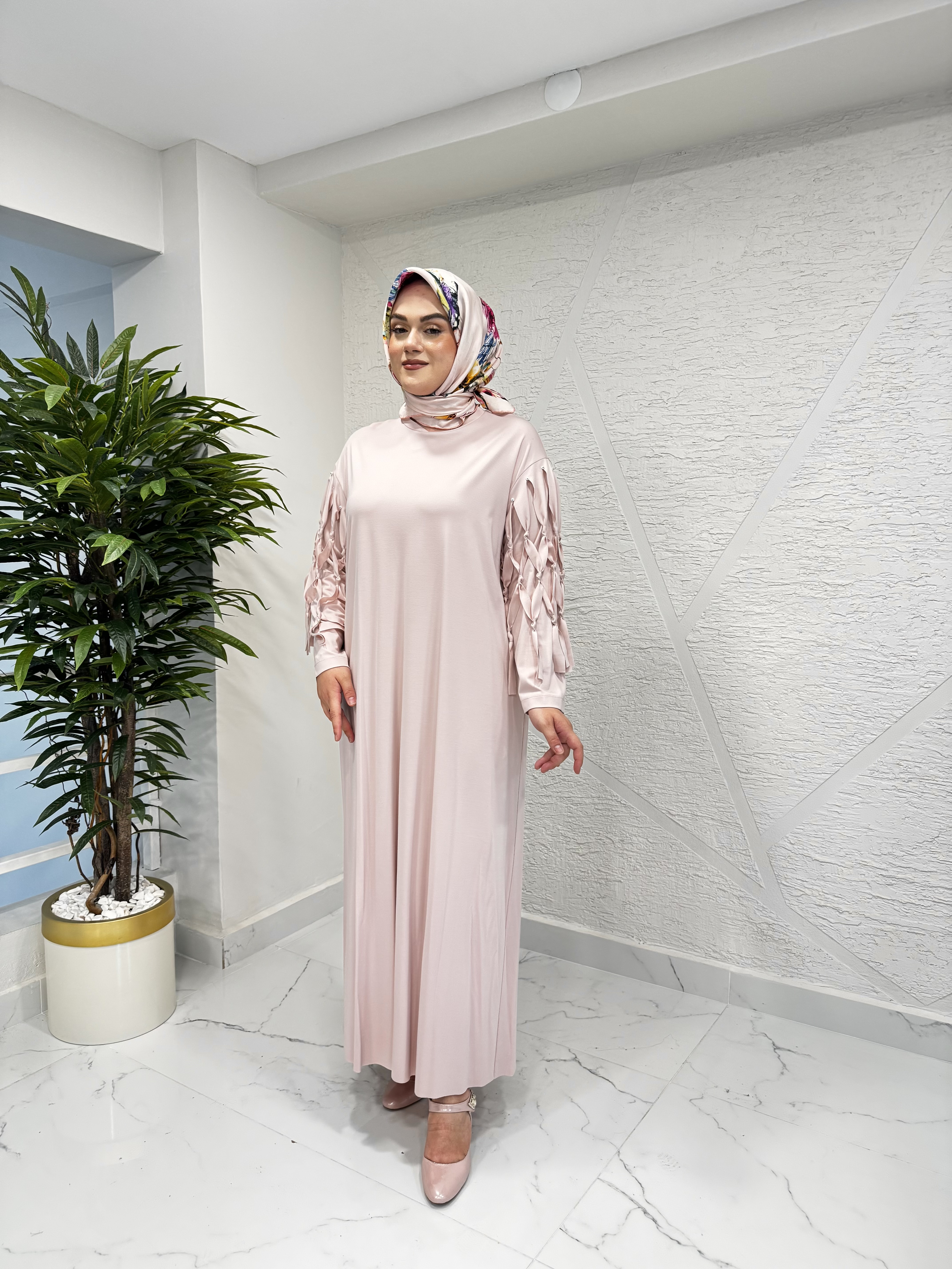 CEREMONY 5731 KOLLARI DÜĞÜM DETAYLI BAMBU ELBİSE PEMBE