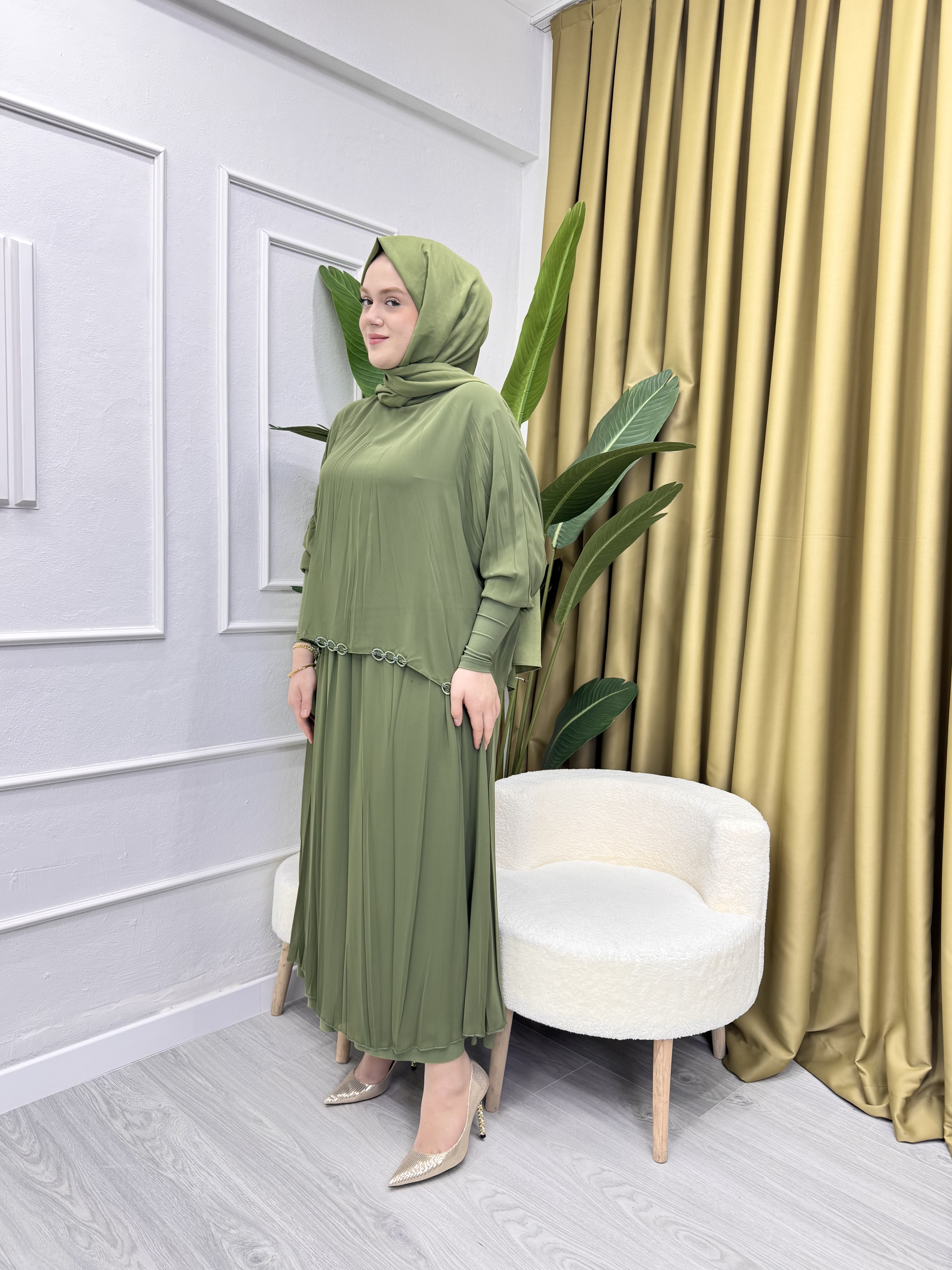 CEREMONY 5910 KOLU SANDY DETAYLI ŞİFON KRAŞLI ETEKLİ TAKIM HAKİ