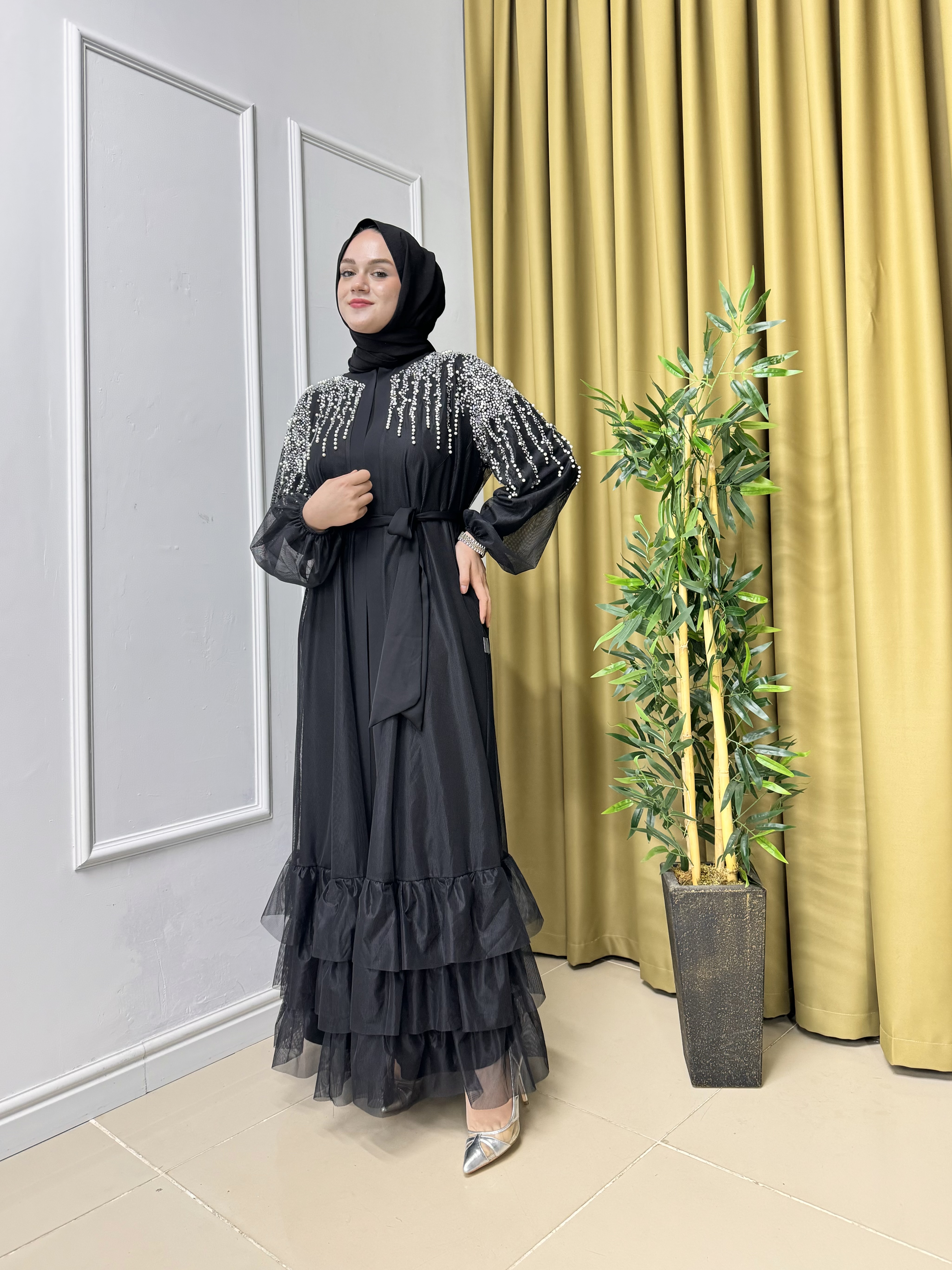 İncili Taşlı Abaya 6088