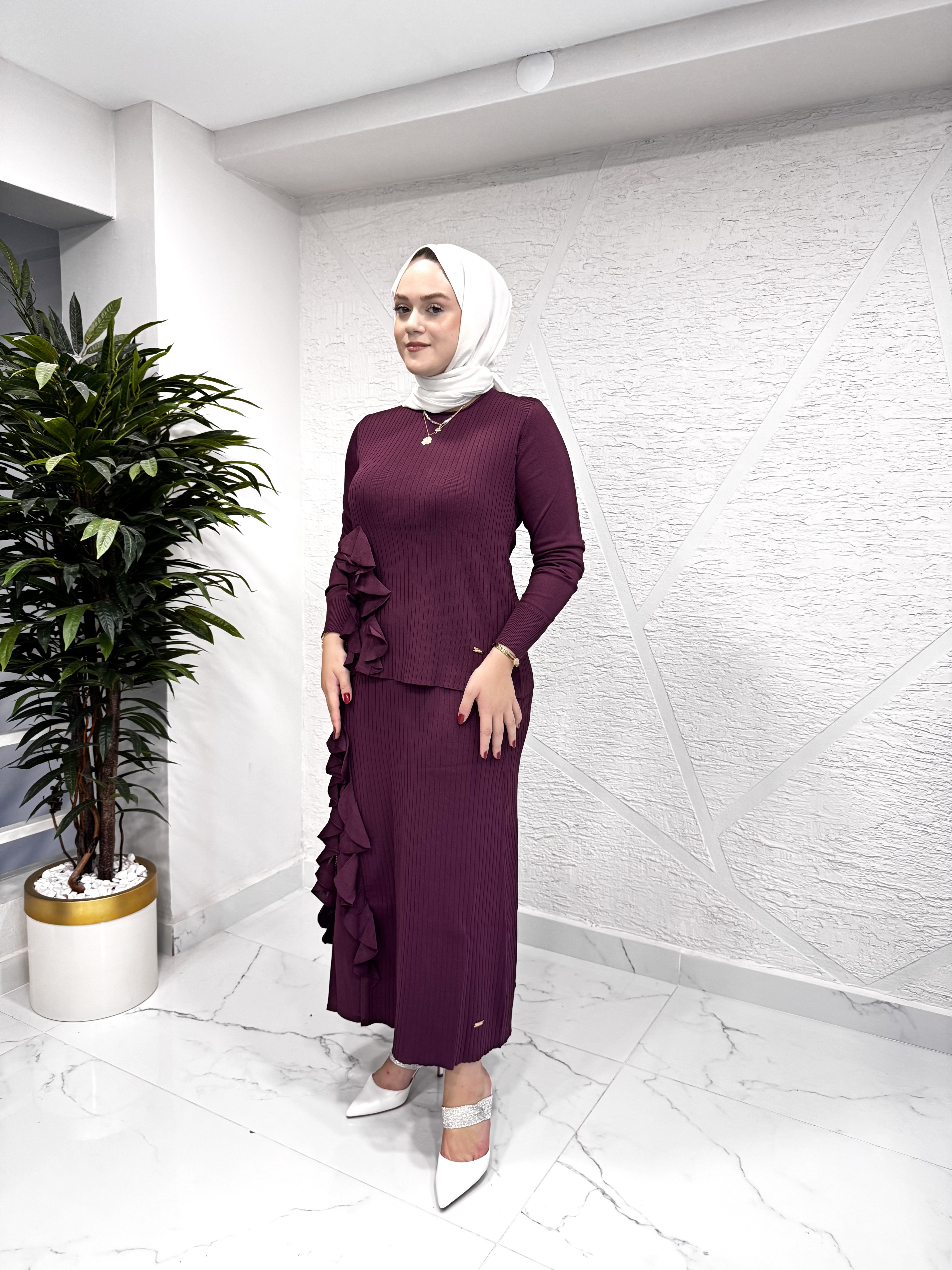 NİLİWİ 3081 ENİNE FIRFIRLI ETEKLİ TRİKO TAKIM BORDO