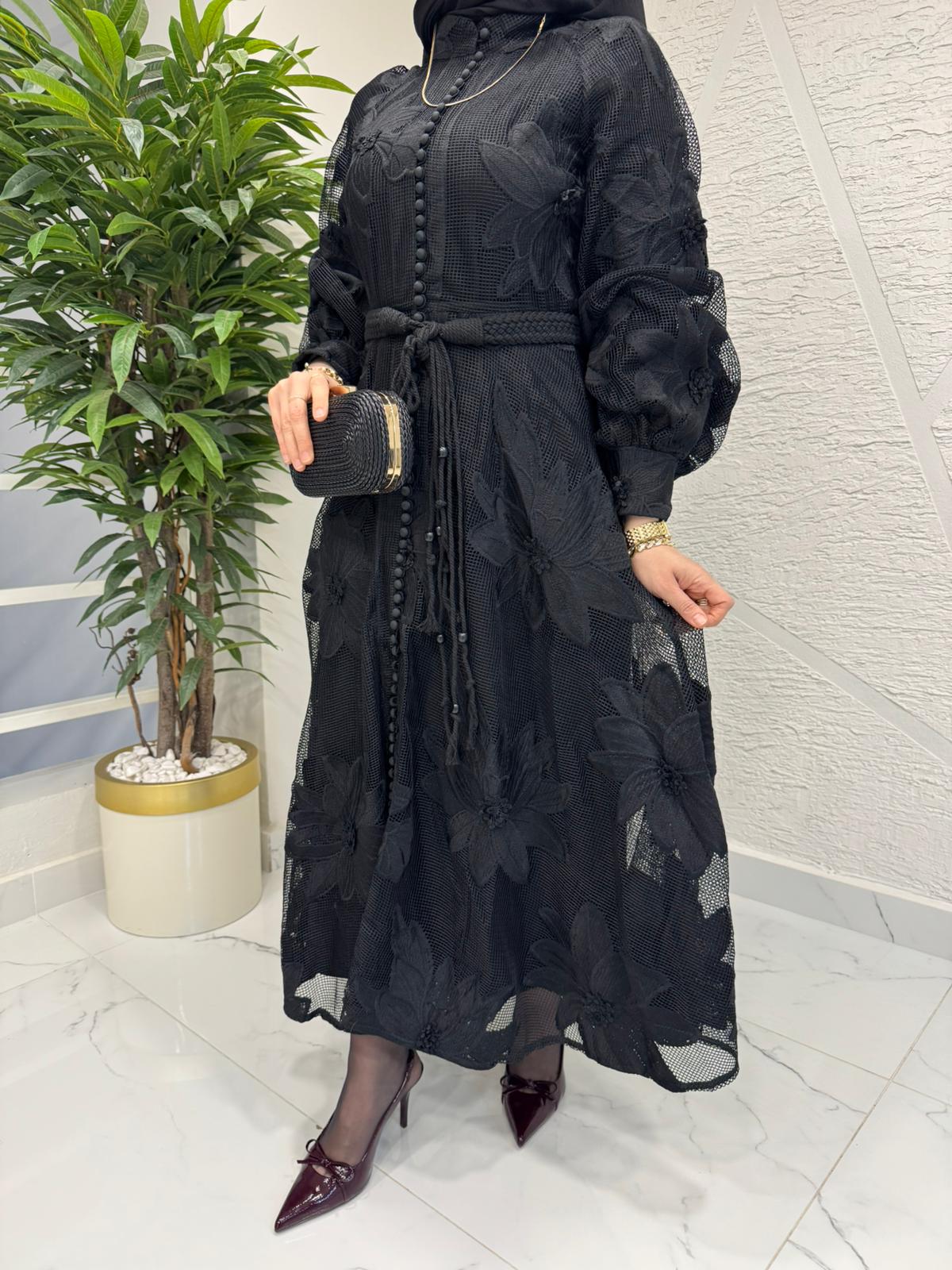 İTHAL DANTELLİ ELBİSE SİYAH
