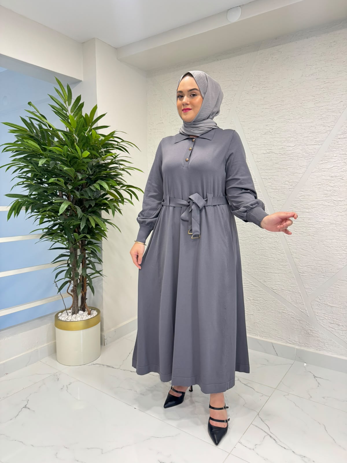 NİLİWİ 3075 BELİ KÖPRÜLÜ KUŞAKLI PATLI ELBİSE