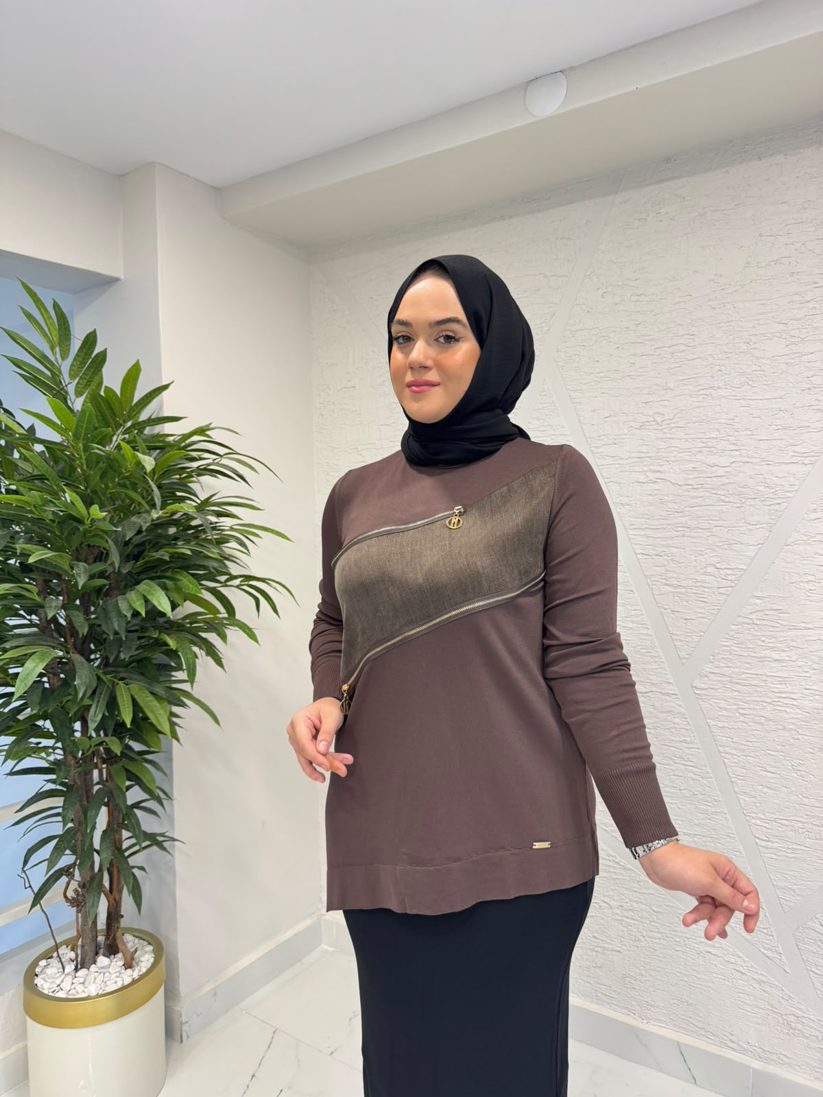NİLİWİ 3121 ÖNÜ FERMUARLI TRİKO TUNİK KAHVERENGİ