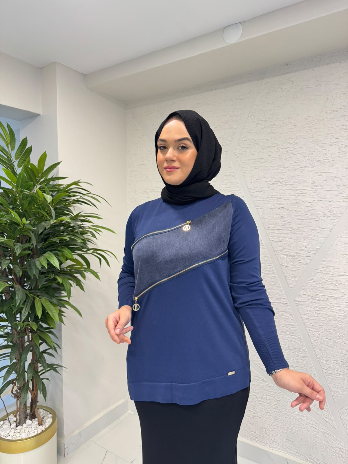NİLİWİ 3121 ÖNÜ FERMUARLI TRİKO TUNİK LACİVERT