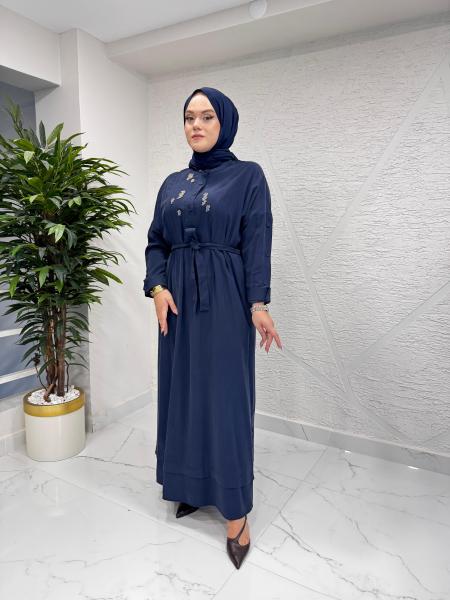 CEREMONY 6701 KOLLARI VE ETEK ALTI DÜĞME DETAYLI ELBİSE LACİVERT