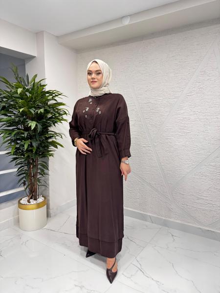 CEREMONY 6701 KOLLARI VE ETEK ALTI DÜĞME DETAYLI ELBİSE KAHVERENGİ