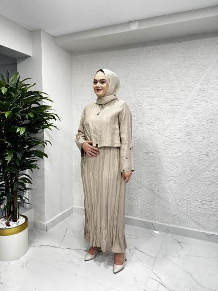 CEREMONY 5915 ARKASI ÇAPRAZ BAĞLAMALI BOLEROLU PASION ELBİSE BEJ