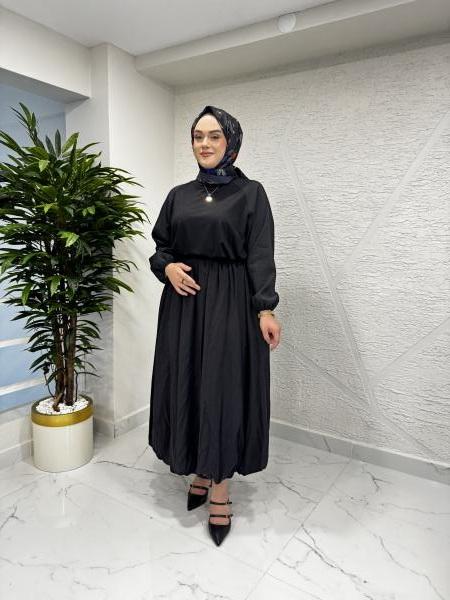 CEREMONY 5146-5647 ÖNÜ BAMBU ARKASI DUBAI KOLU LASTIKLI KISA BLUZ ETEK TAKIM SİYAH