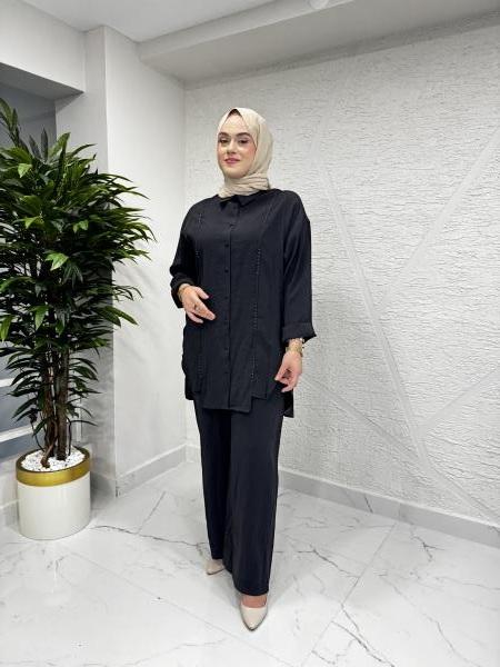 CEREMONY 5967 İKİ YANI YIRTMAÇLI ÖN KUPLARI APARA DETAYLI TUNİK PANTOLONLU VERONA TAKIM SİYAH