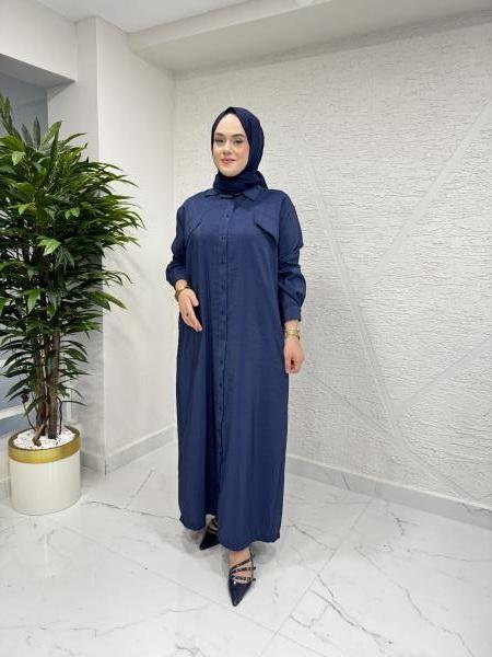 CEREMONY 5713 HALKA DETAYLI ÖNÜ DÜĞMELİ KAPAK CEPLİ DUBAI GÖMLEK ELBİSE LACİVERT