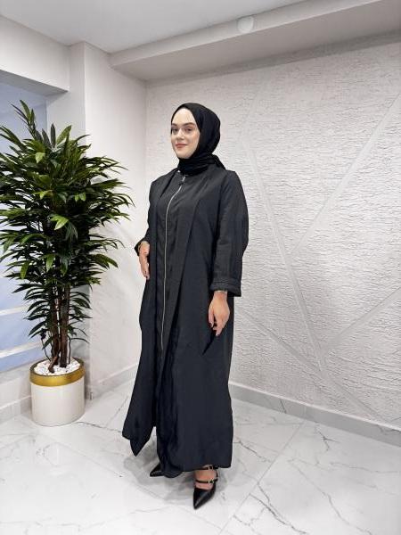CEREMONY 5860 ÖNÜ FERMUARLI ŞAL YAKA DUBAI FERACE SİYAH