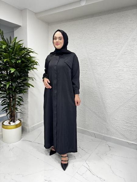 CEREMONY 5713 HALKA DETAYLI ÖNÜ DÜĞMELİ KAPAK CEPLİ DUBAI GÖMLEK ELBİSE SİYAH