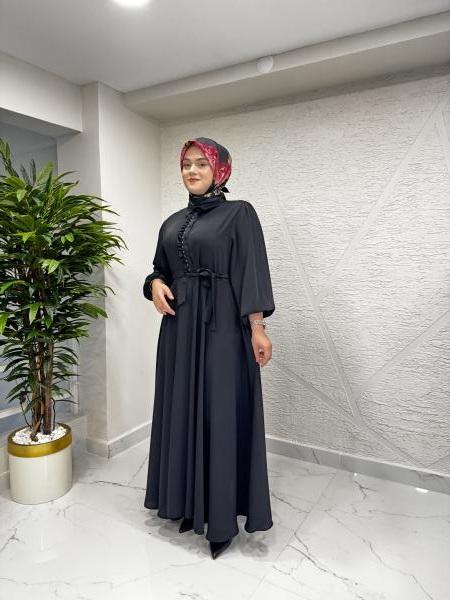 CEREMONY 5768 ÖNDEN PATI FIRFIRLI BELDEN KUŞAKLI KLOŞ VİEN ELBİSE SİYAH
