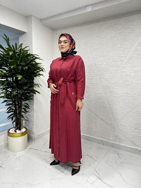 CEREMONY 5715 ÖNÜ VE ARKASI ALLER DETAYLI YANDA TORBA CEPLİ PASION GÖMLEK ELBİSE RED PLUM