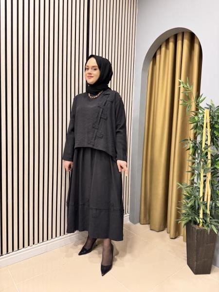 CEREMONY 5938 ÇAPRAZ BANTLI ÜZERİ DÜĞME DETAYLIPASION ETEKLİ TAKIM SİYAH