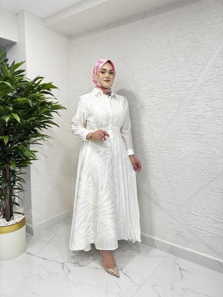 CEREMONY 5706 KRAŞLI DESENLİ VE DÜZ KOMBİNLİ BELİ LASTİKLİ UZUN MONARCH ELBİSE EKRU