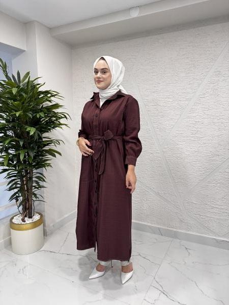 CEREMONY 5892 KONTRAST DİKİŞLİ ÖNÜ ÇITÇITLI TEK CEPLİ DUBAI GÖMLEK KAP KAHVERENGİ