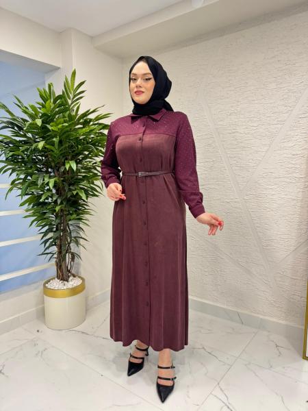 WENNORA 1004 TAŞ İŞLEMELİ GÖMLEK ELBİSE BORDO
