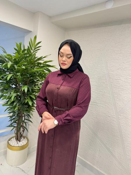 WENNORA 1004 TAŞ İŞLEMELİ GÖMLEK ELBİSE BORDO