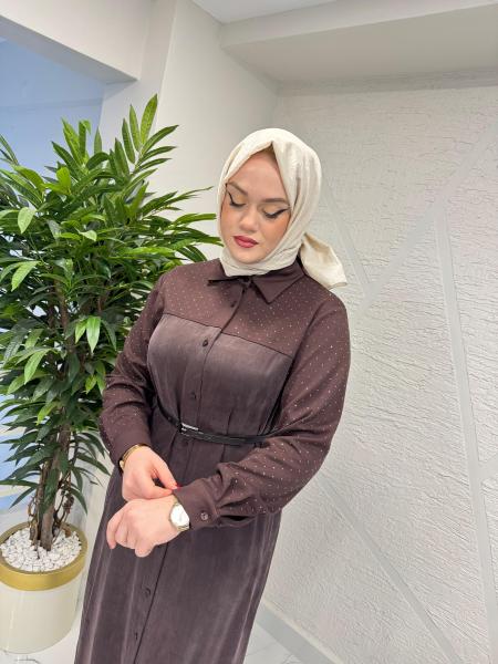 WENNORA 1004 TAŞ İŞLEMELİ GÖMLEK ELBİSE KAHVERENGİ