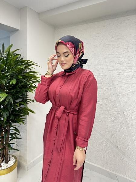 CEREMONY 5715 ÖNÜ VE ARKASI ALLER DETAYLI YANDA TORBA CEPLİ PASION GÖMLEK ELBİSE RED PLUM