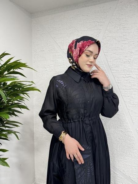 CEREMONY 5706 KRAŞLI DESENLİ VE DÜZ KOMBİNLİ BELİ LASTİKLİ UZUN MONARCH ELBİSE SİYAH