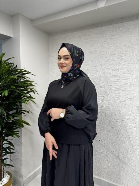 CEREMONY 5146-5647 ÖNÜ BAMBU ARKASI DUBAI KOLU LASTIKLI KISA BLUZ ETEK TAKIM SİYAH