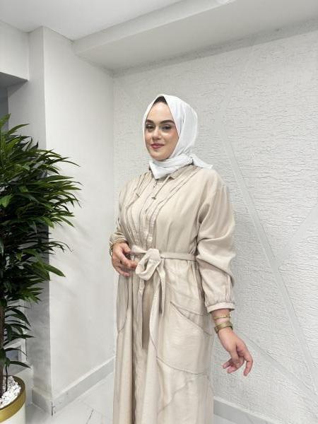 CEREMONY 58115 ETEK UCU YAKASI STOPLERİ BELDEN KUŞAKLI CUPRA KAP BEJ