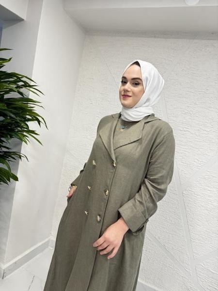 MİSSA K005 SAFİR KOLSUZ ELBİSELİ KETEN TAKIM HAKİ